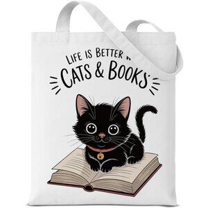 Cute Cat Canvas Tote Bag Aesthetic Reusable Shoulder Bag for Cat Lovers